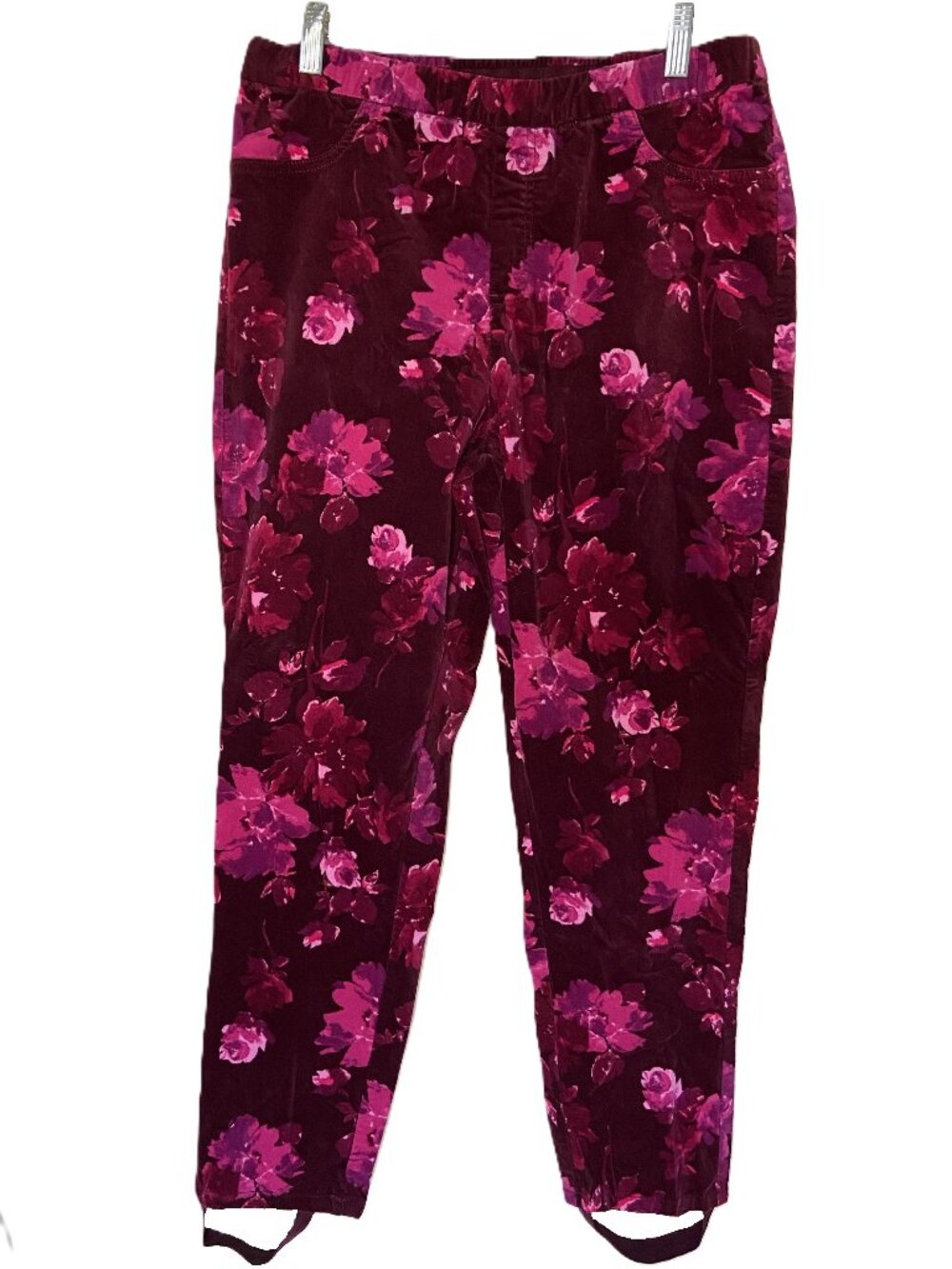ISAAC MIZRAHI LIVE floral printed velvet stirrup pull on pants knit velvet pink